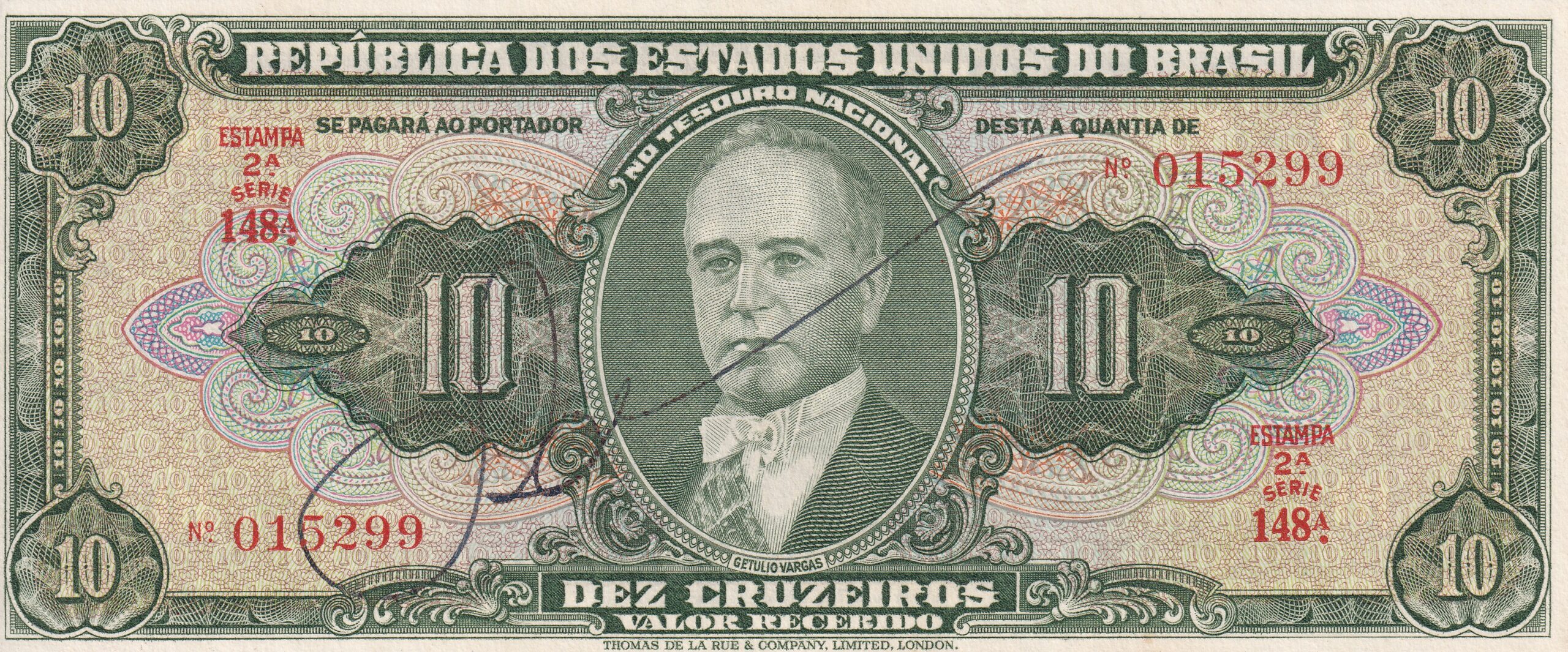 C 075 C 075 - CÉDULA 10 CRUZEIROS 1950 - TESOURO NACIONAL - 2ª Estampa (TLR) - FE - Imagem 1