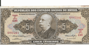 C066 - CÉDULA 5 CRUZEIROS 1953 - TESOURO NACIONAL - 2ª Estampa (TLR) - FE (com manchas nas bordas)