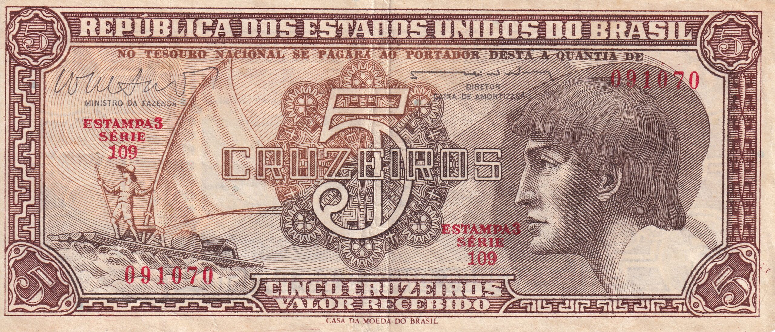 C111 1 C 111 - CÉDULA 5 CRUZEIROS 1961 - TESOURO NACIONAL - 3ª Estampa (CMB) - Soberba - Imagem 1