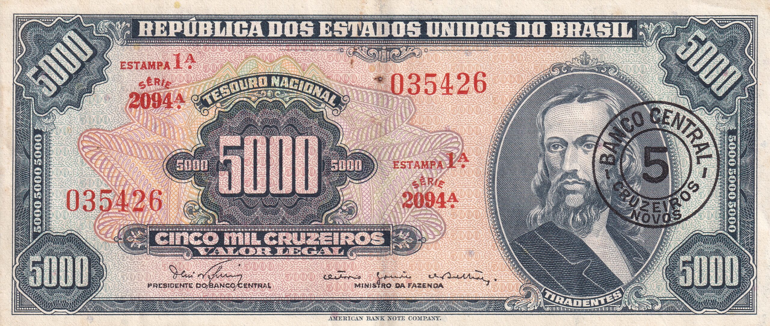 C123 C 123 - CÉDULA 5 CRUZEIRO NOVO c/c em 5000 CRUZEIROS 1967 - BANCO CENTRAL DO BRASIL - 1ª Estampa (ABN) - Soberba - Imagem 1