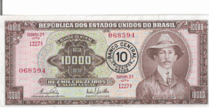 C128 - CÉDULA  10 CRUZEIROS NOVOS  c/c em 10000 CRUZEIROS 1967 - BANCO CENTRAL DO BRASIL  - 2ª Estampa (TLR) -  FE (com rabisco)