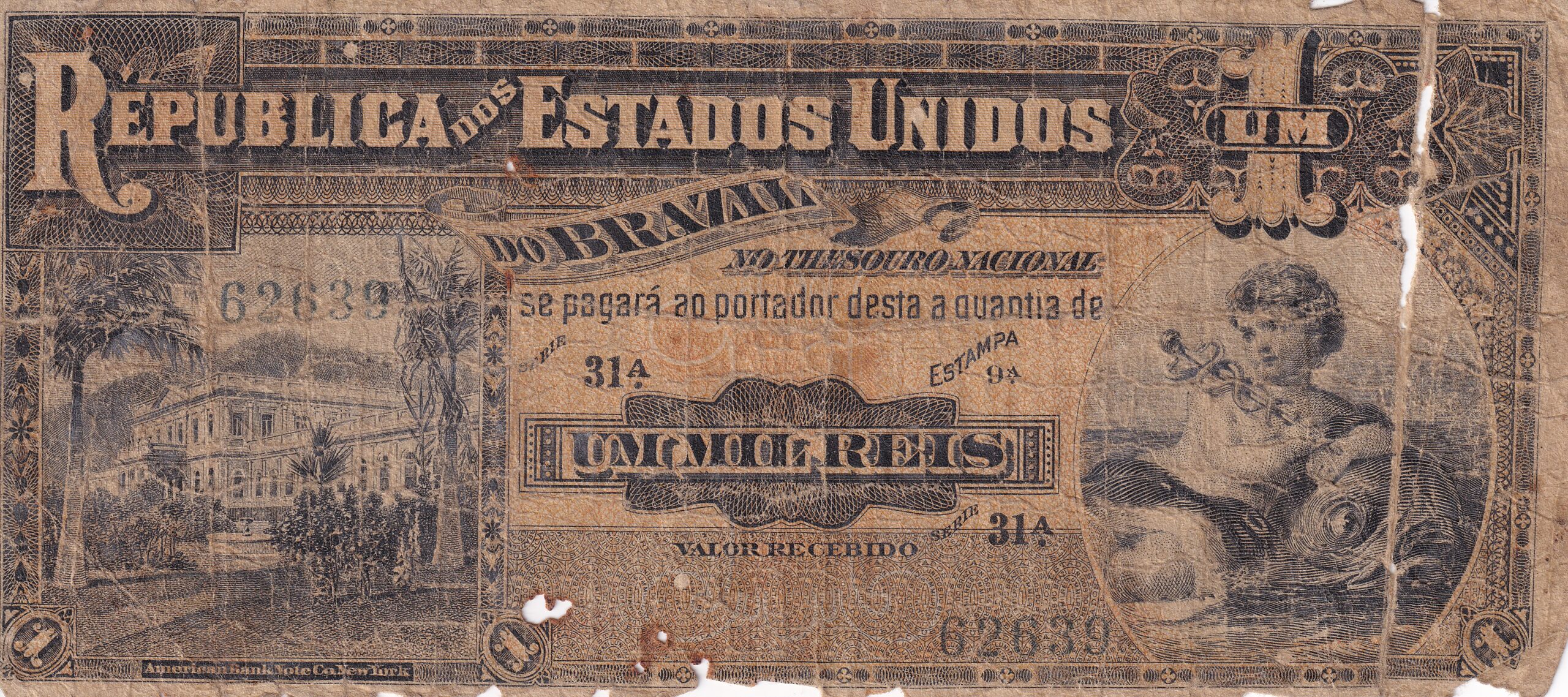 R076 4 CÉDULA 1 MIL RÉIS 1918 - República -Tesouro Nacional - 9ª Estampa (ABN) - Série 1/100 - UTG - Imagem 1