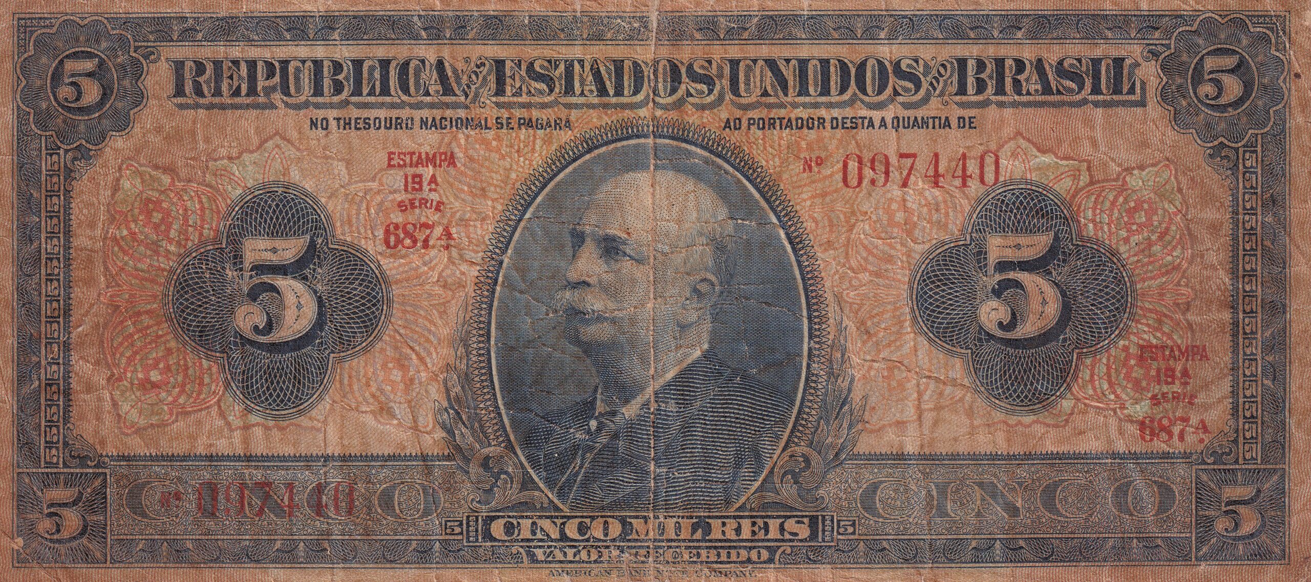 R100c 2 R 100c CÉDULA 5 MIL RÉIS 1942 - República -Tesouro Nacional -19ª Estampa (ABN) - Série 474/773 - MBC - Imagem 1