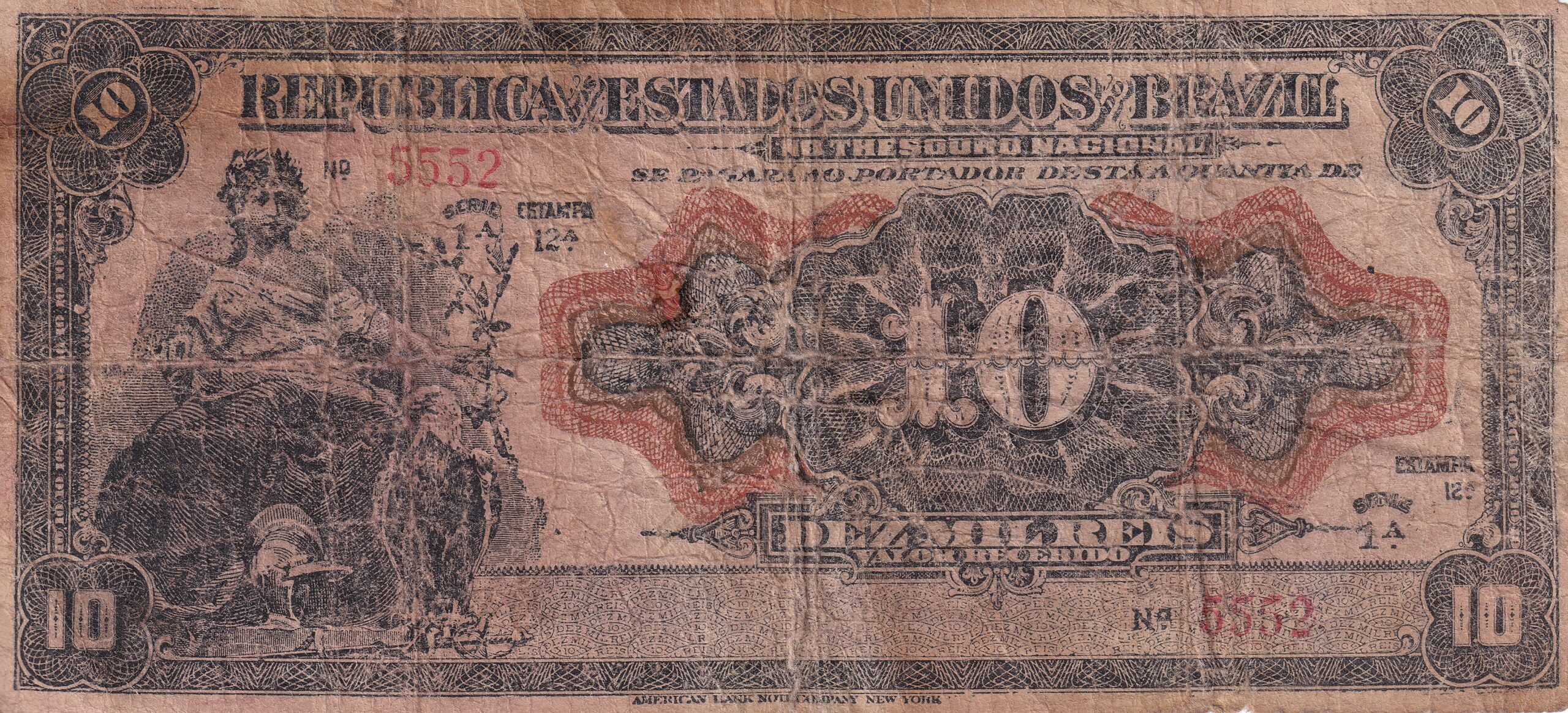 R105 3 CÉDULA 10 MIL RÉIS 1911 - República -Tesouro Nacional - 12ª Estampa (ABN) - Série 1/50 - BC (FALSA DE EPOCA) - Imagem 1