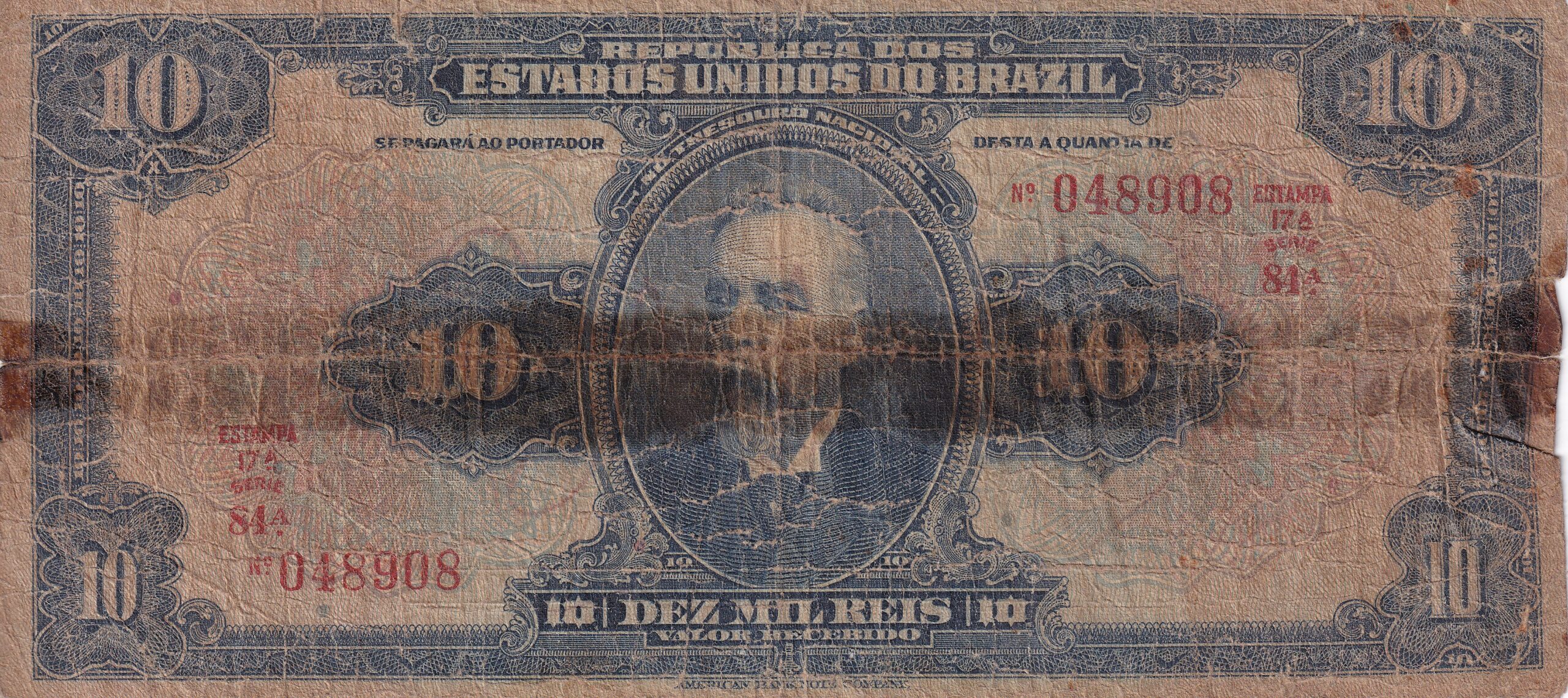 R110a 3 R 110a CÉDULA 10 MIL RÉIS 1924 - República -Tesouro Nacional - 17ª Estampa (ABN) - Série 1/31 - BC (BRASIL COM "Z") - Imagem 1