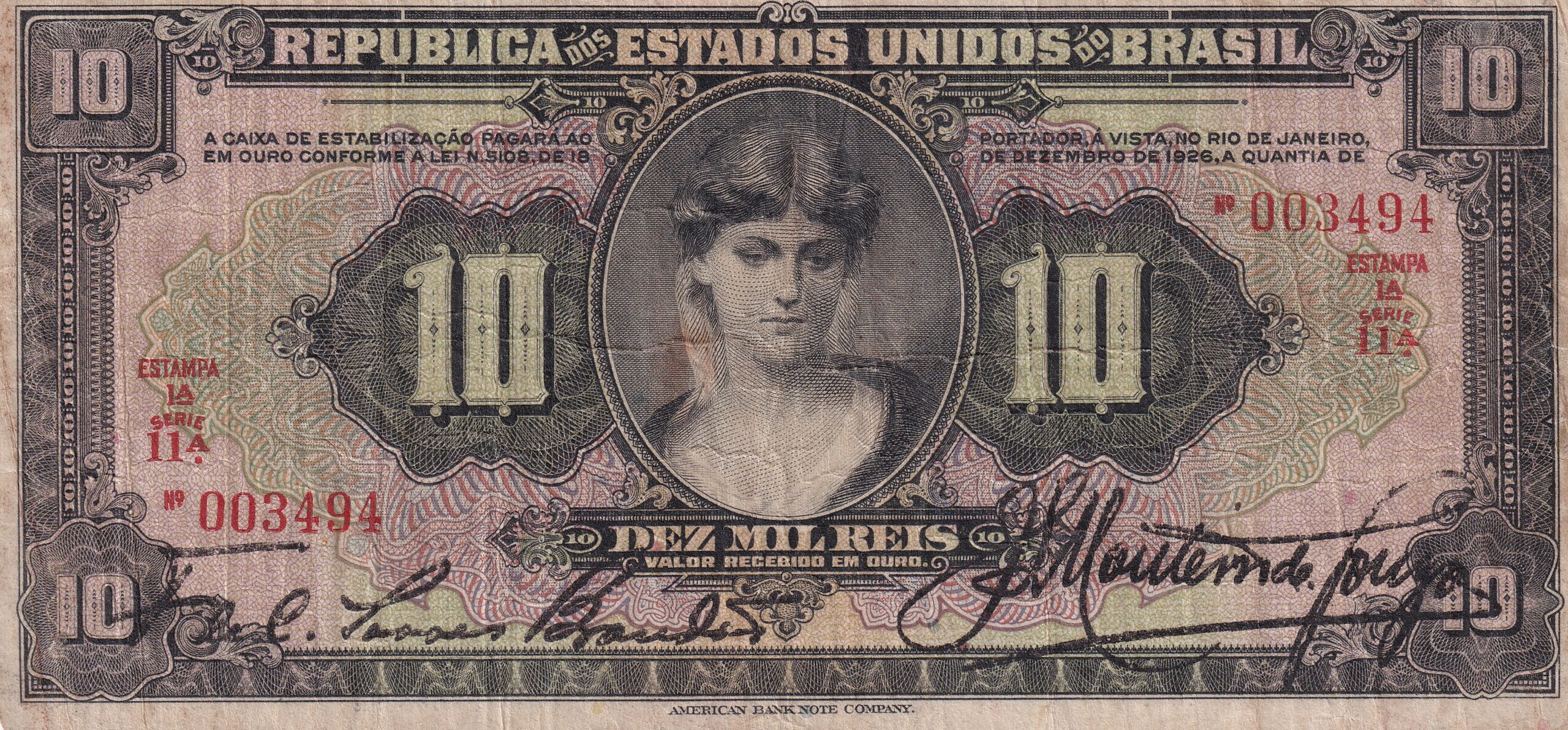 R184 2 R 184 - CÉDULA 10 MIL RÉIS 1927 - República - Caixa de Estabilização -1ª Estampa (ABN) - Série 1-14 - MBC - Imagem 1