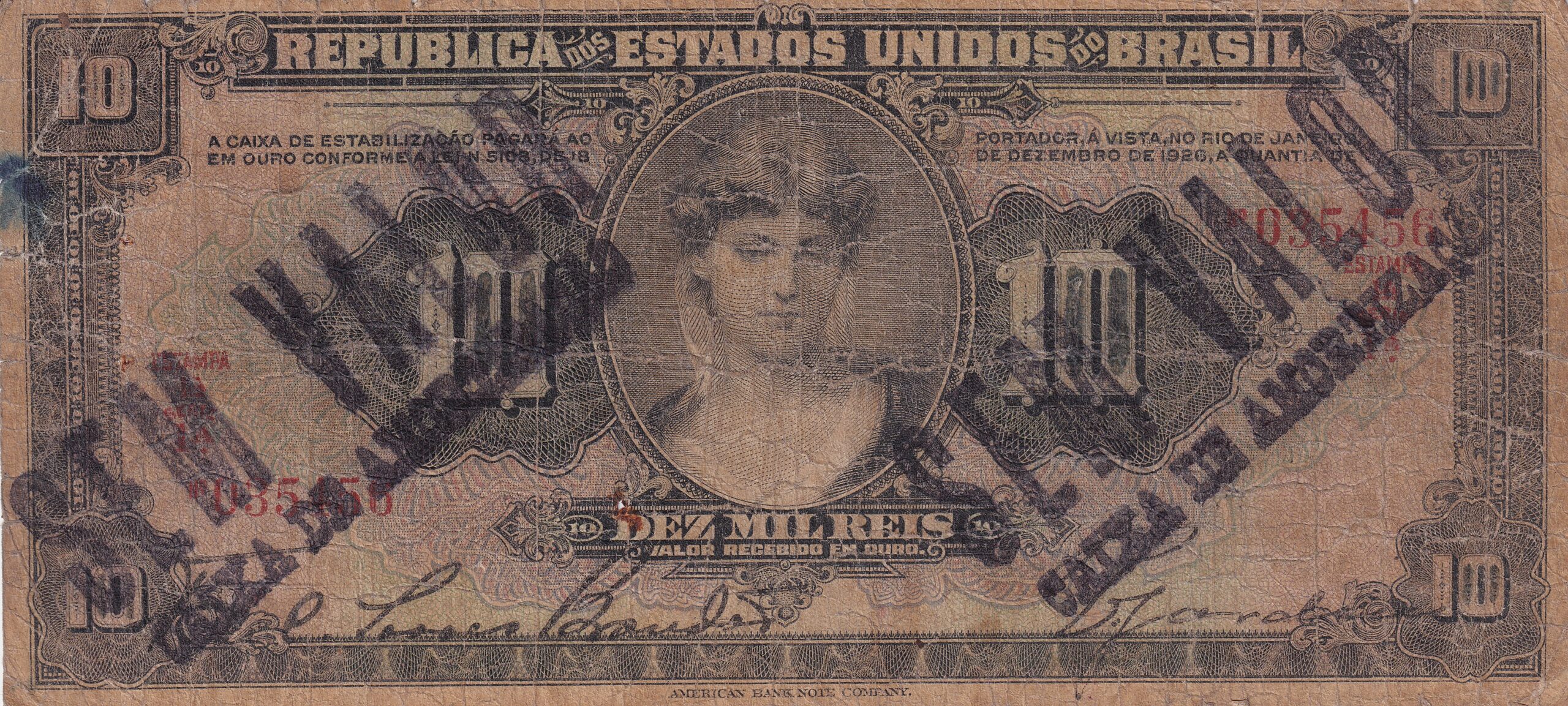 R184 3 R 184 - CÉDULA 10 MIL RÉIS 1927 - República - Caixa de Estabilização -1ª Estampa (ABN) - Série 1-14 - BC/MBC - Imagem 1