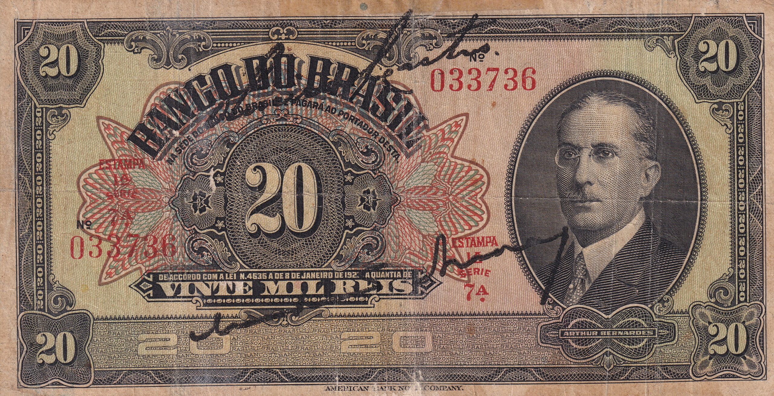 R197a 2 R 197a - CÉDULA 20 MIL RÉIS 1923 - República - Banco do Brasil -1ª Estampa (ABN) - Série 1-2 e 4-50 - MBC - Imagem 1