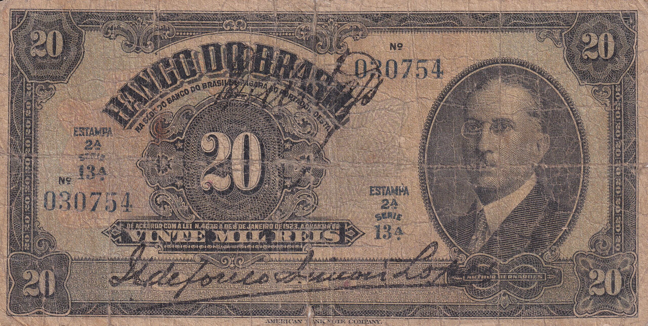 R205a 3 R 205a - CÉDULA 20 MIL RÉIS 1930 - República - Banco do Brasil -2ª Estampa (ABN) - Série 1-16 e 20 - BC - Imagem 1