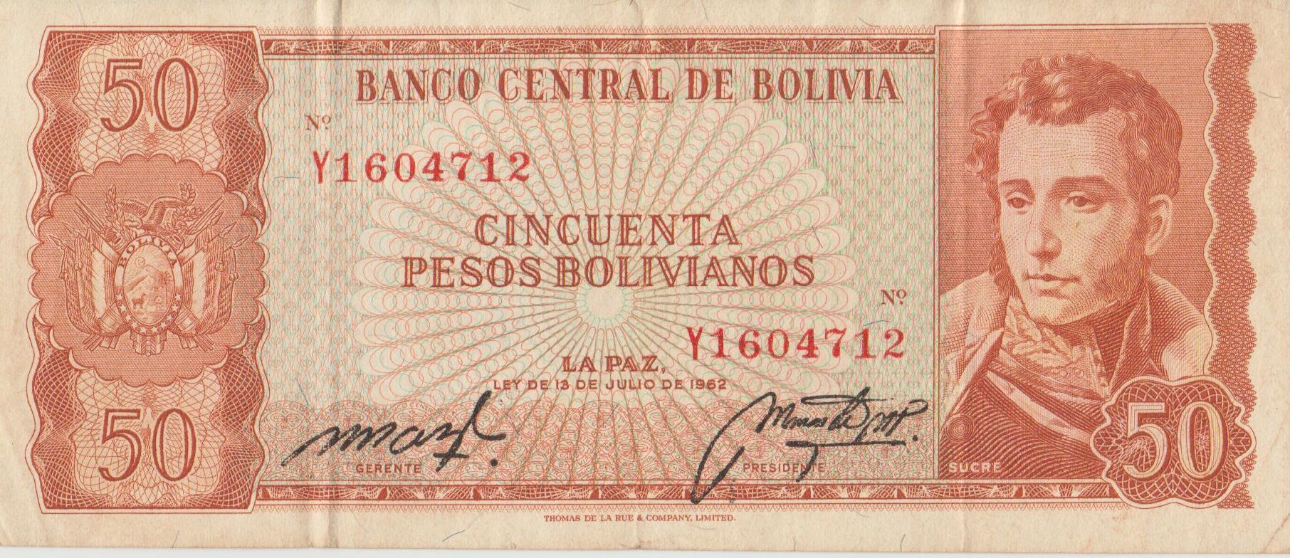009 P 156- Bolívia - 50 Cincuenta Pesos - 1962 - MBC - Imagem 1