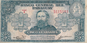 P 186a  -  PARAGUAI 5 GUARANI 1952 MBC