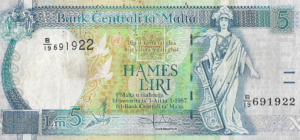 P 42 - MALTA  5 LIRI/POUNDS  1989 MBC