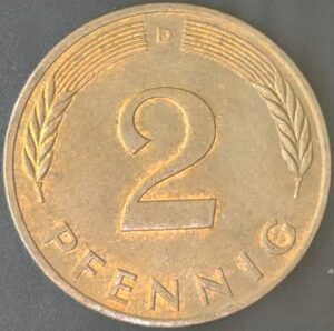 KM#106A D - ALEMANHA 2 PFENNIG 1991 "letra D" MBC