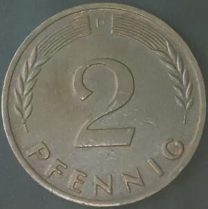 KM#10 D - ALEMANHA 2 PFENNIG 1966 "letra D"  MBC/S  (BRONZE)