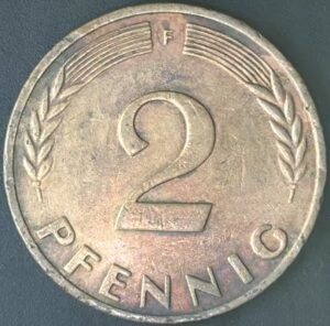KM#106F - ALEMANHA 2 PFENNIG 1950 "letra F"  MBC  (BRONZE)