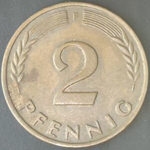 KM#106A F - ALEMANHA 2 PFENNIG 1961 "letra F"  MBC  (BRONZE)