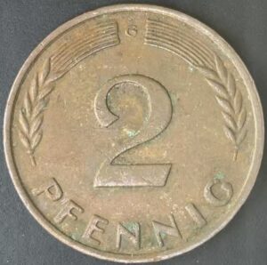 KM#106A G - ALEMANHA 2 PFENNIG 1963 "letra G"  MBC  (BRONZE) (