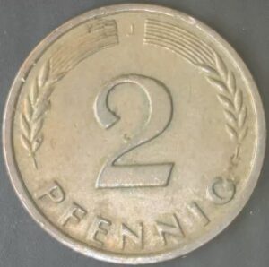 KM#106A Jj- ALEMANHA 2 PFENNIG 1963 "letra j"  MBC  (BRONZE)