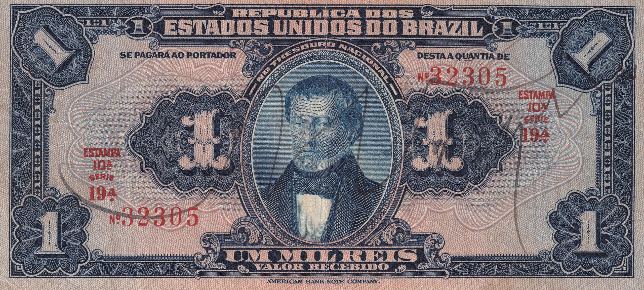 R077 2-1 CÉDULA 1 MIL RÉIS 1919 - República -Tesouro Nacional - 10ª Estampa (ABN) - Série 1/20 - MBC/S - Imagem 1