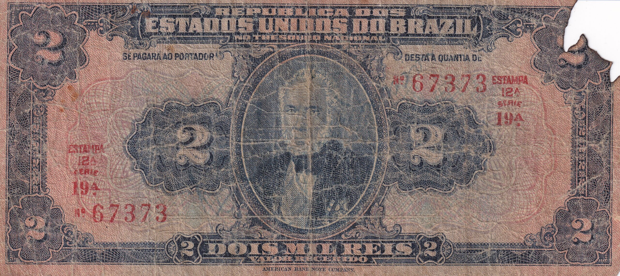 R 085  CÉDULA  2 MIL RÉIS  1919 – República -Tesouro Nacional – 19ª Estampa (ABN)  – Série 1/20 – UTG