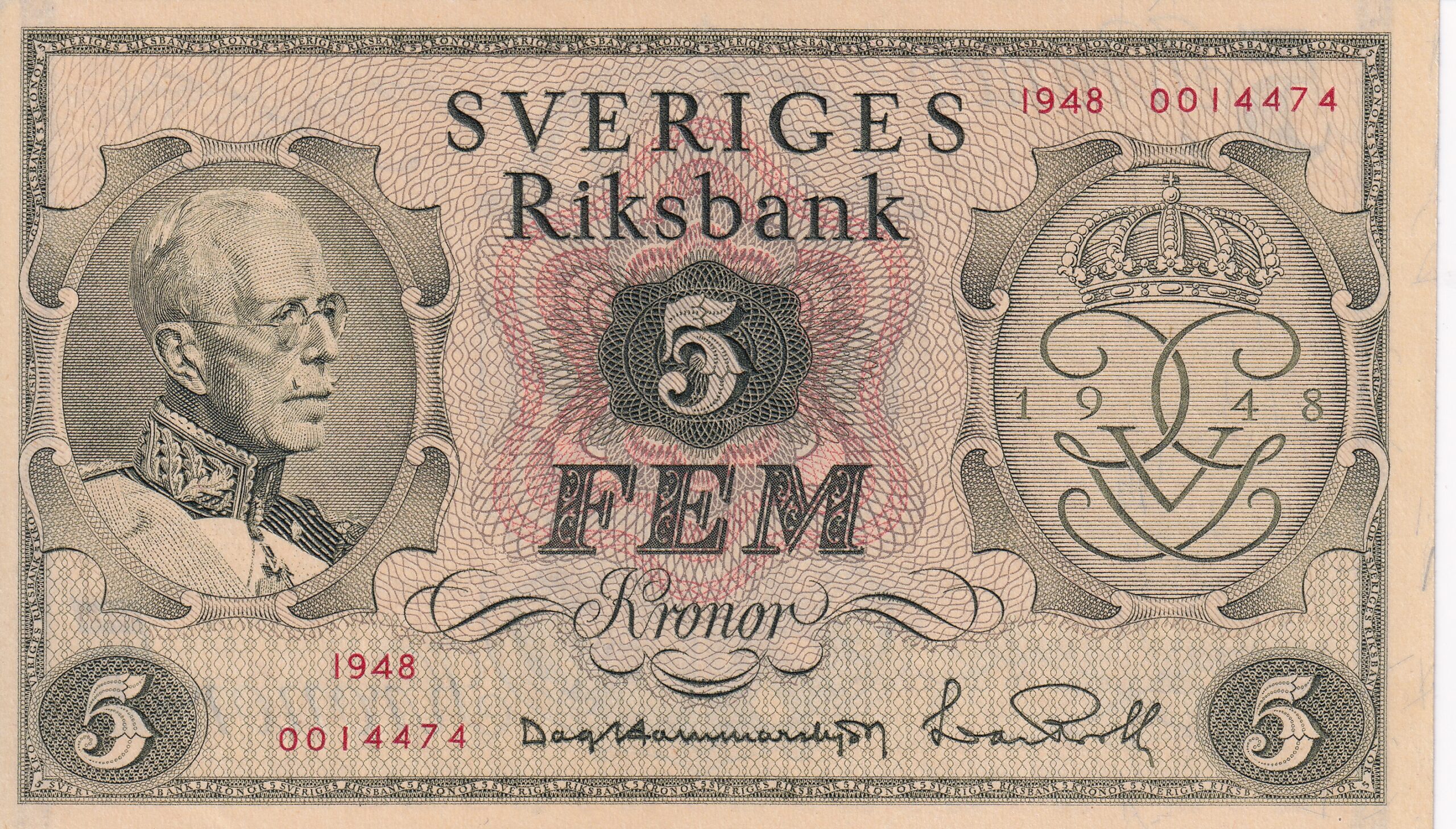 P41a P 41a - SUECIA 5 KRONOR Aniversário do Rei Gustaf V 1948 FE - Imagem 1