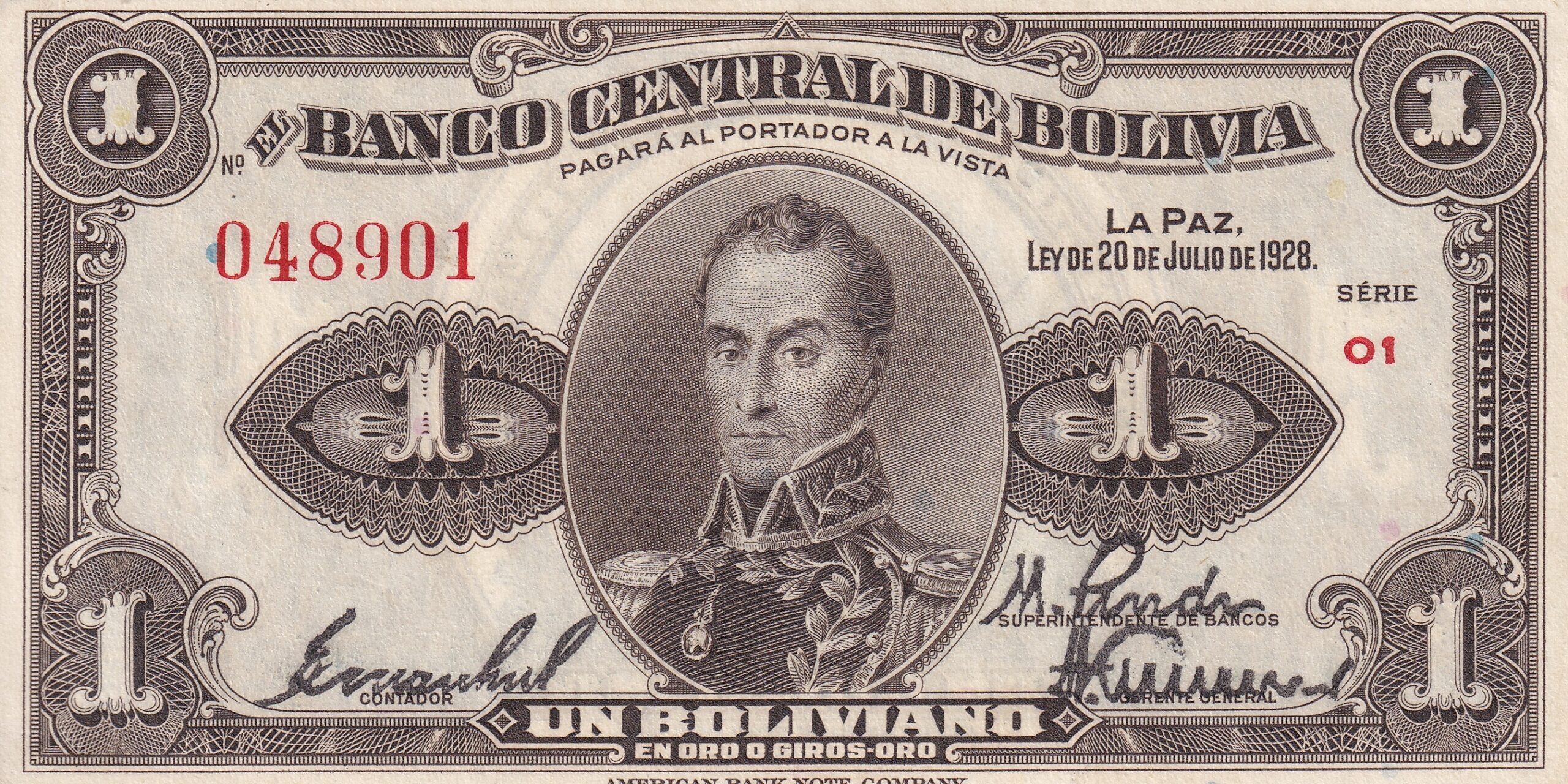 P114 P 119 - BOLIVIA 1 Boliviano 1928 FE - Imagem 1