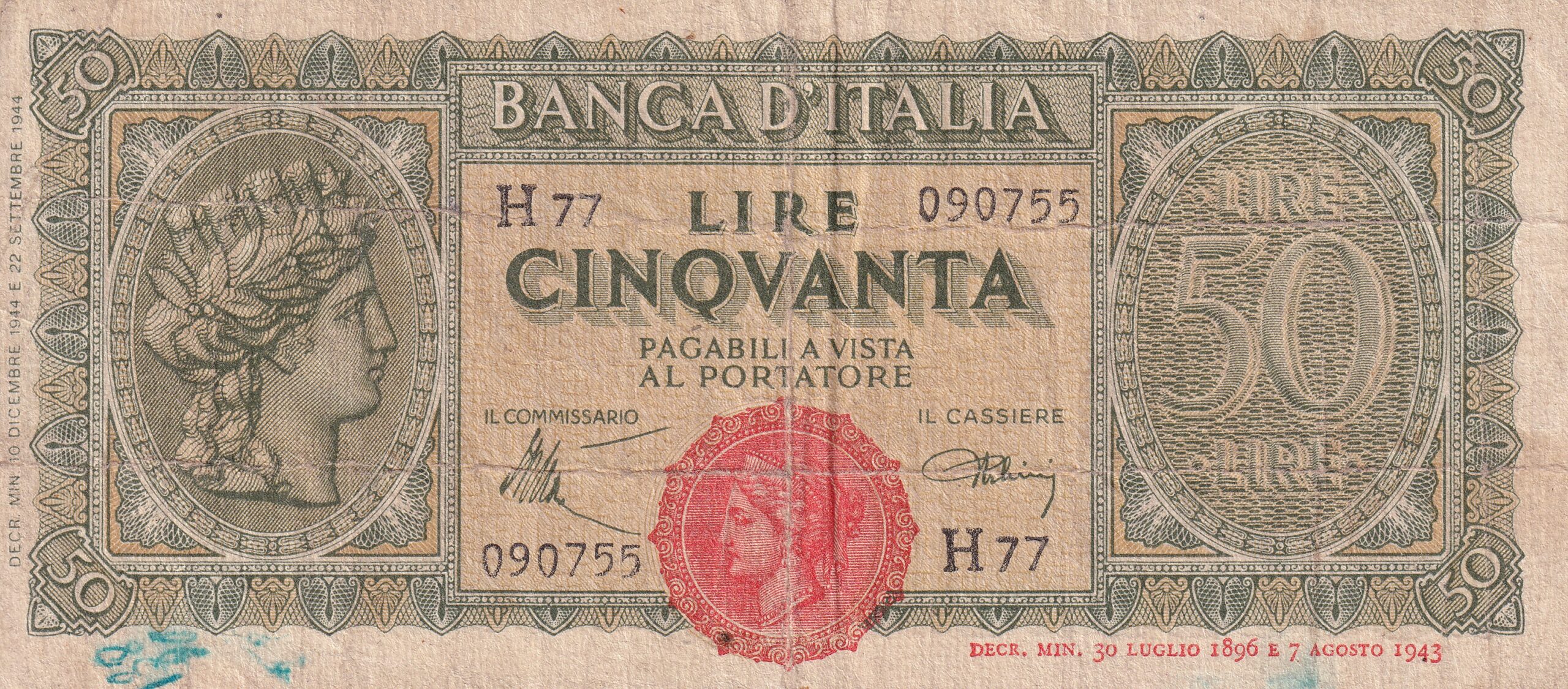 P74 2 P 74 ITALIA 50 LIRE 1943 MBC - Imagem 1
