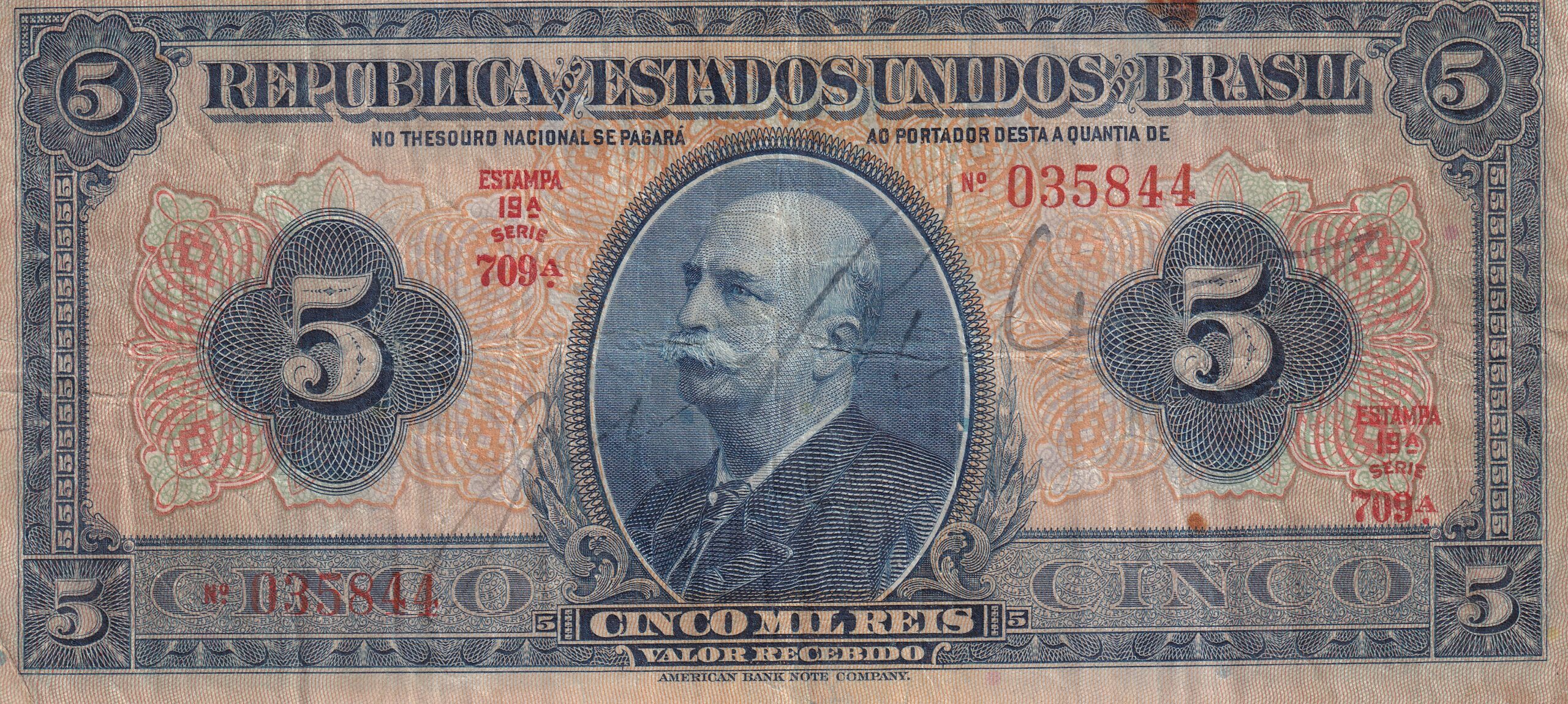 R100d 2 R 100d CÉDULA 5 MIL RÉIS 1936 - República -Tesouro Nacional -19ª Estampa (ABN) - Série 417/816 - MBC - Imagem 1