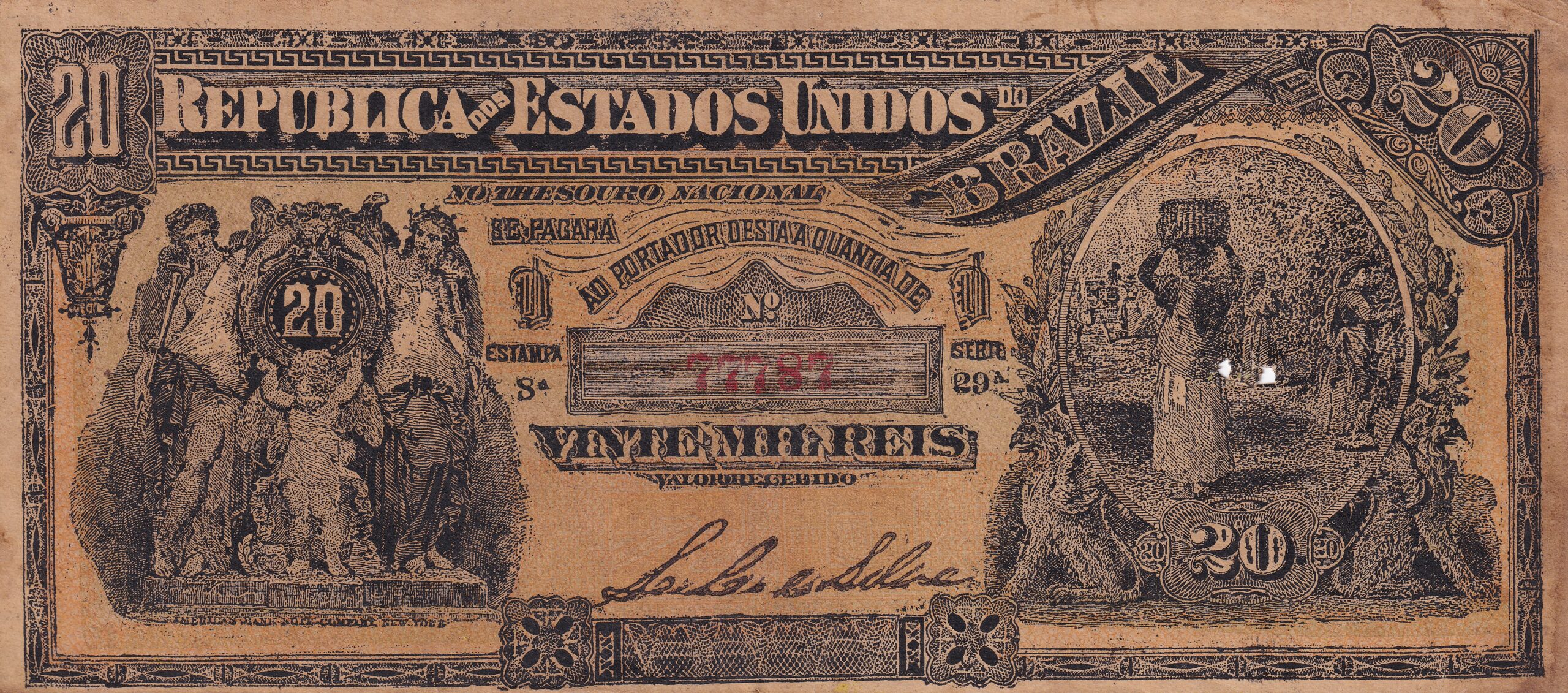 R111 2 R 111 CÉDULA 20 MIL REIS 1890 - República -Tesouro Nacional - 8ª Estampa (ABN) - Série 17/36 FALSA DE EPOCA - MBC - Imagem 1