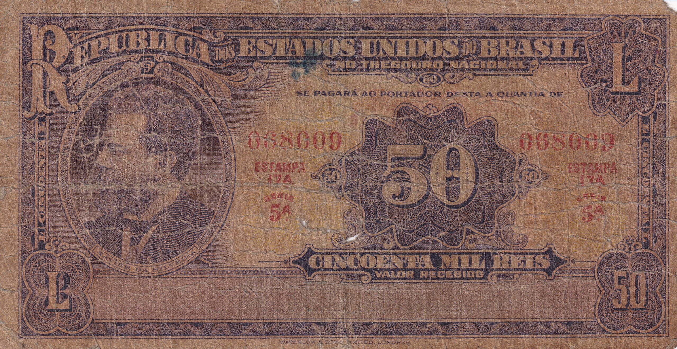 R130 3 R 130 CÉDULA 50 MIL RÉIS 1936 - República -Tesouro Nacional -17 ªEstampa (WSL)- Série 1/86 - BC - Imagem 1