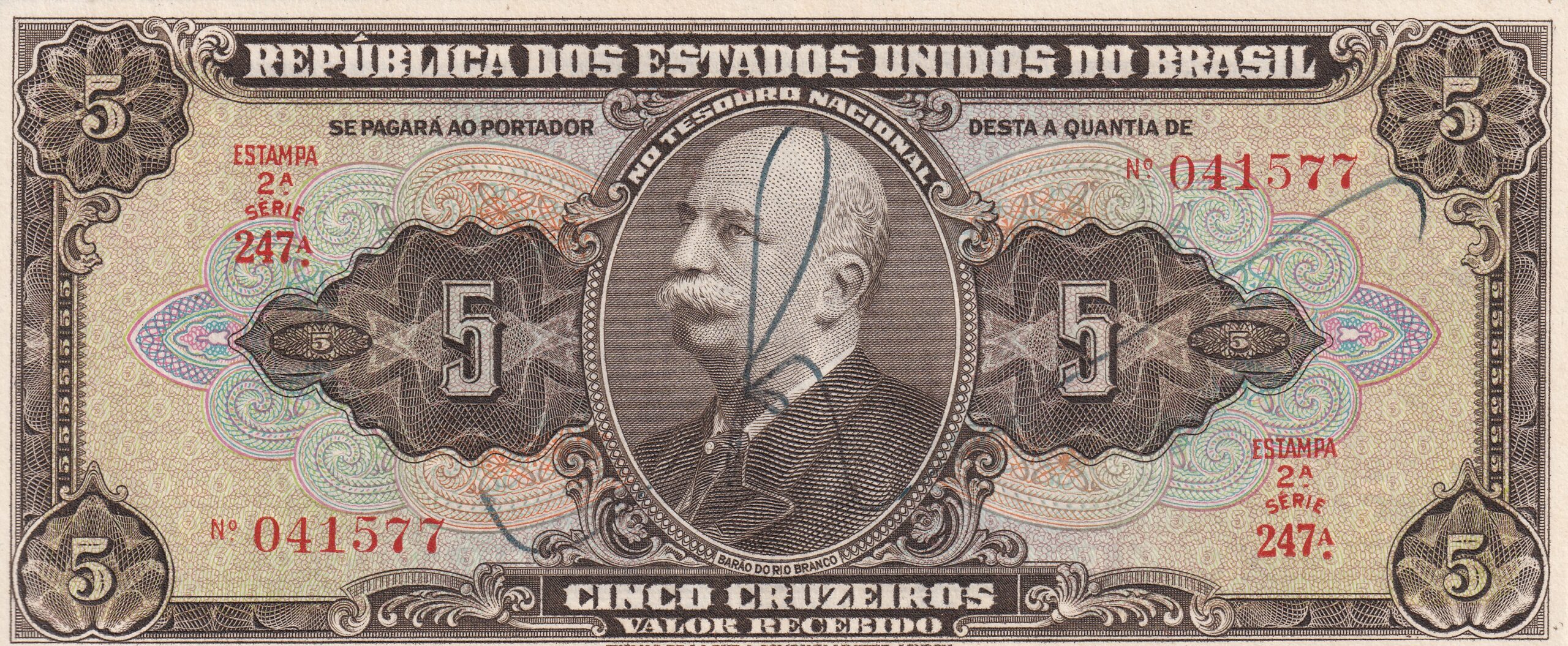 C065 C 065 - CÉDULA 5 CRUZEIROS 1950 - TESOURO NACIONAL - 2ª Estampa (TLR) - FE - Imagem 1