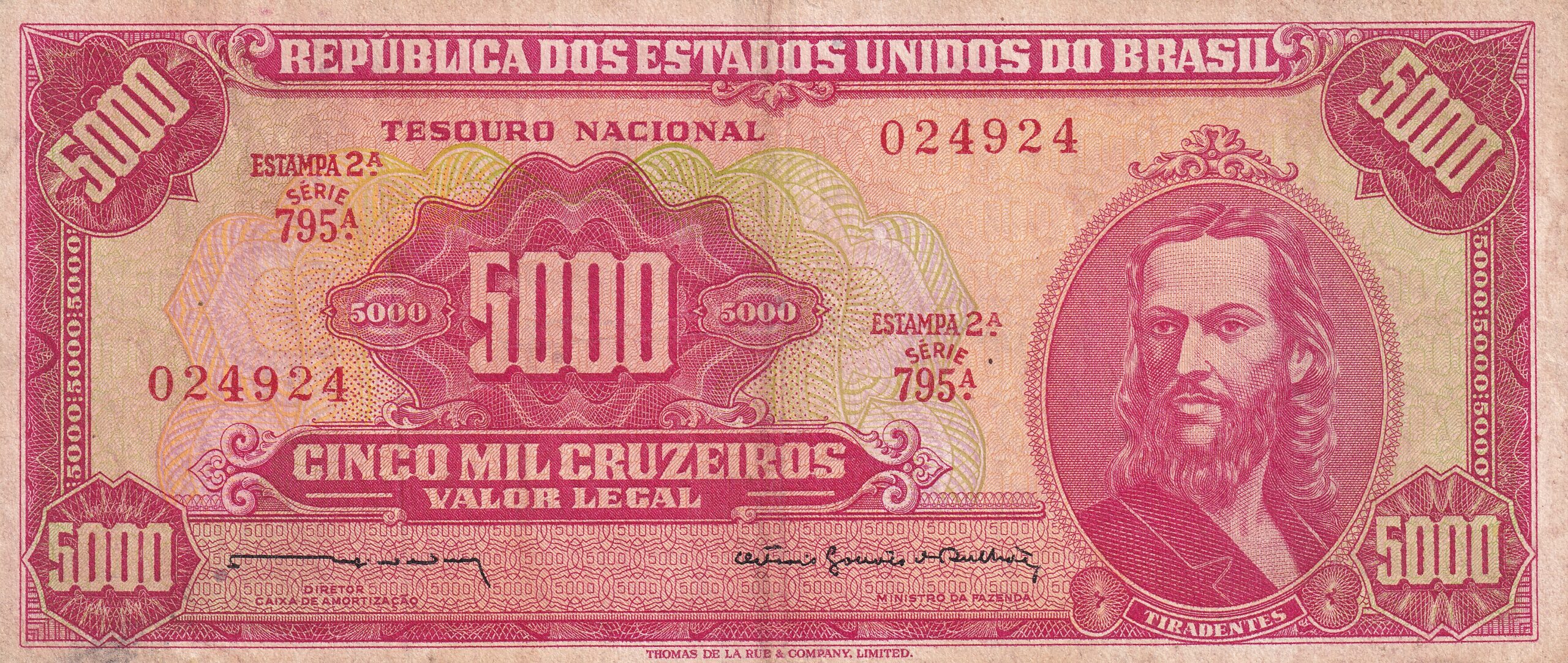 C108 2-1 C 108 - CÉDULA 5000 CRUZEIROS 1964 - TESOURO NACIONAL - 2ª Estampa (TLR) - MBC/S - Imagem 1